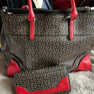 Guess monogram, brown and red with bag with matching wallet